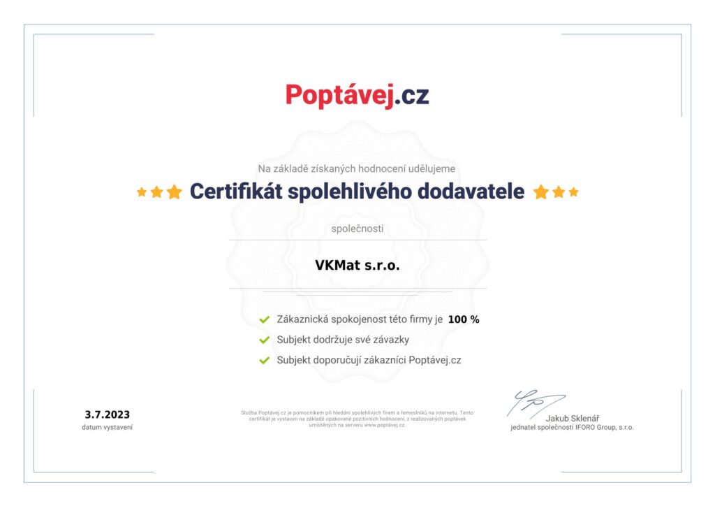 Certifikat od zakazniku Poptavej.cz